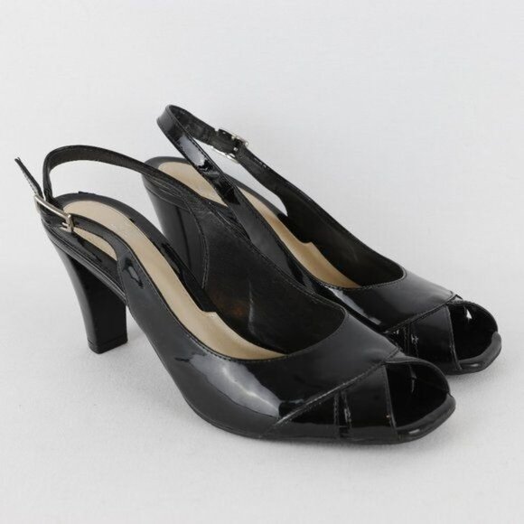 Alex Marie Women's Size 8 Black Patent Leather Slingback Peep Toe Heels - Picture 1 of 10